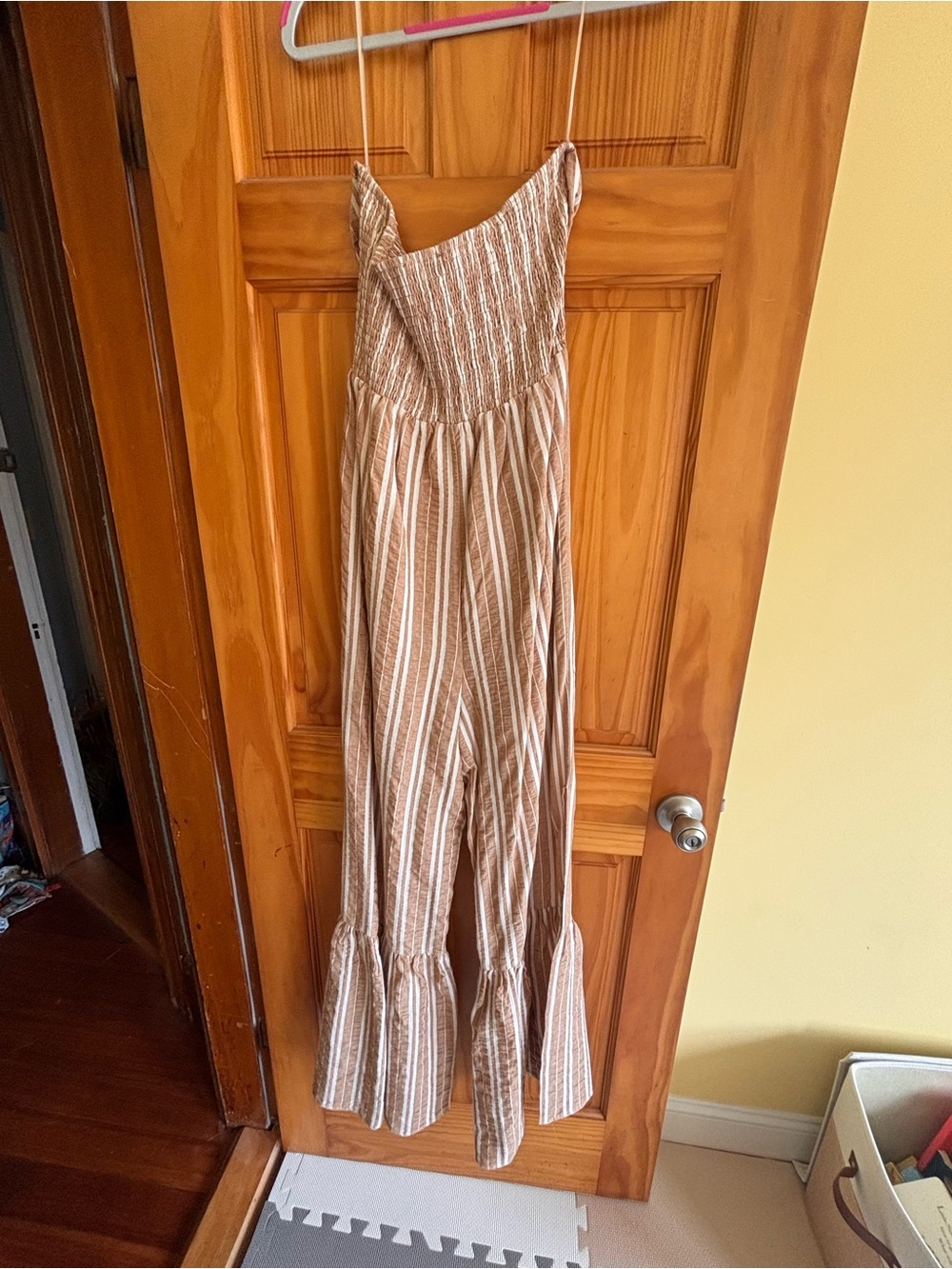 Vici Brown and Cream Striped Smocked Jumpsuit